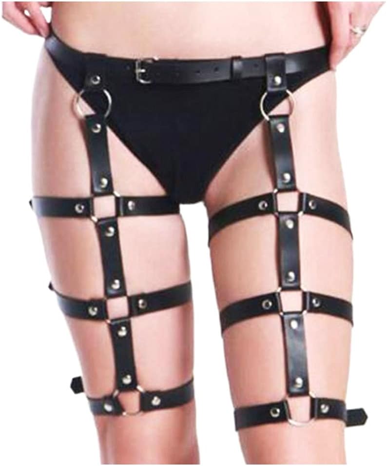 Yokawe Punk Leather Waist Chain Belts Black Body Harness Fashion Leg Thigh Chains Nightclub Party Belly Belts Body Accessories for Women and Girls