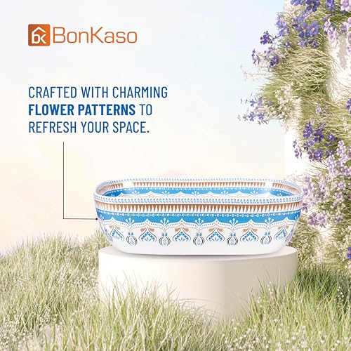Image of Bonkaso Moroccan Designer Table Top Wash Basin | 45 x 32.5 x 13.5 cm Countertop Ceramic Bathroom Sink | Polished Modern Big Vanity Wash Basin for Bathroom & Living Room (Blue Pattern)