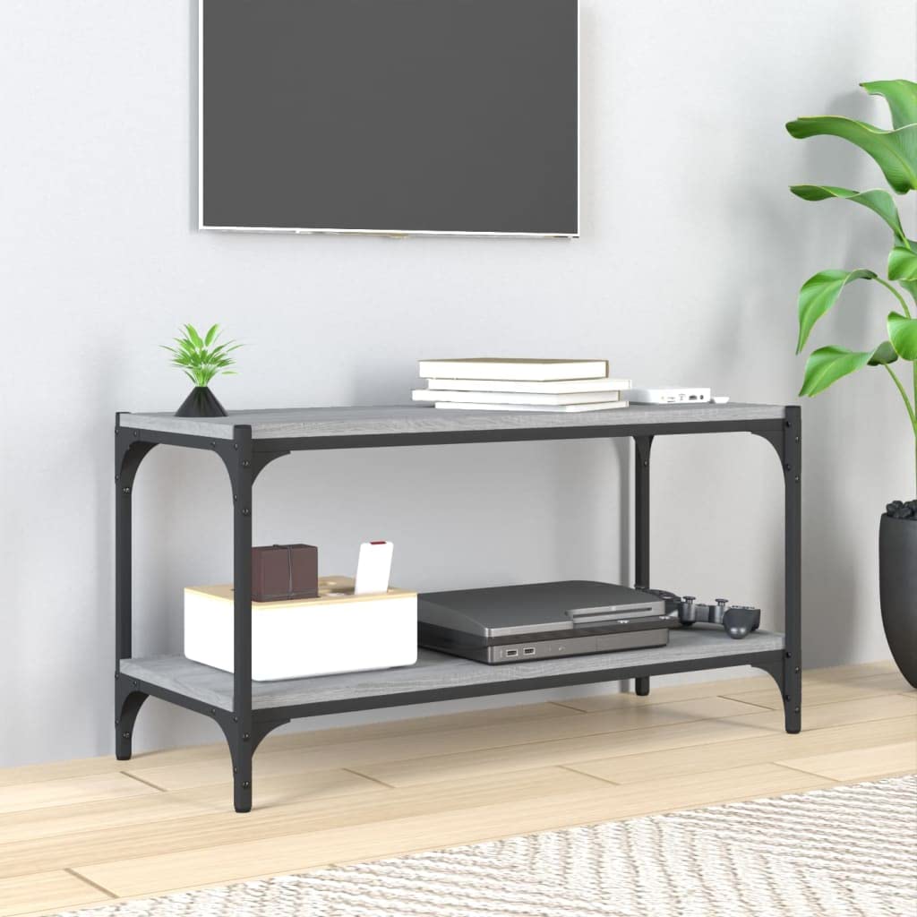 Mobile TV in legno grigio rovere sonoma 80 x 33 x 41 cm con telaio in acciaio, 2 ripiani e piano solido, stile industriale per il soggiorno.