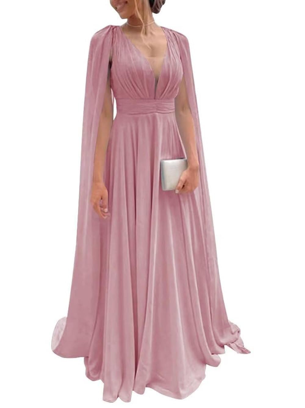 Chiffon Bridesmaid Dress for Women Cape Sleeve V-Neck Formal Evening Gowns with Pocket LBC020