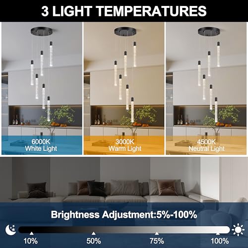 Image of 6 Light Pendant Lights,LED Bubble Crystal Pendant with Dimmable,Black