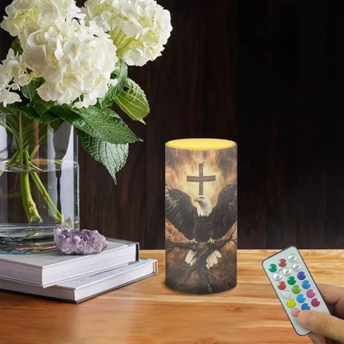Image of Poceacles Eagle Cross Print Brown Flameless Light Candles Battery Operated Candles with Color Changing Timer Remote Control Tealights for Home Beach Dinner Party Banquet Decor