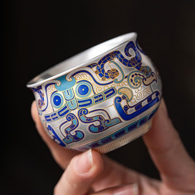 GSOUL Kungfu Tea cup Gilt Silver Ceramic Master Cup Light Luxury High-grade Tea Vintage Taotie Single One Person Small Household Cups Small Tea Cups