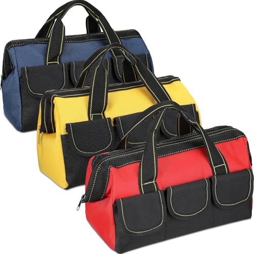 Xygobla 3 Pack Tool Bag 13 Inch Muti-Purpose Wide Open Mouth Tool Storage Bag with 5 Pockets Waterproof Tools Tote Bags Heavy Duty Tools Organiser for Home Repairs Garage Storage Professional Work