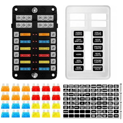 Boîte à Fusible 12V 12 Voies Porte Fusible Voiture avec Indicateur LED, Blocfusible 12V avec 24 Fusibles, Boîtier Fusibles Voiture Universel pour Auto...