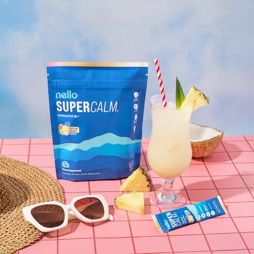 Image of Nello Supercalm Powdered Drink Mix, Cortisol Reducer* and Sleep Aid Supplement, L Theanine, Ksm-66 Ashwagandha, Magnesium Glycinate, Vitamin D 3, No Sugar, Non GMO, On The Go, 20 Ct, Passion Colada
