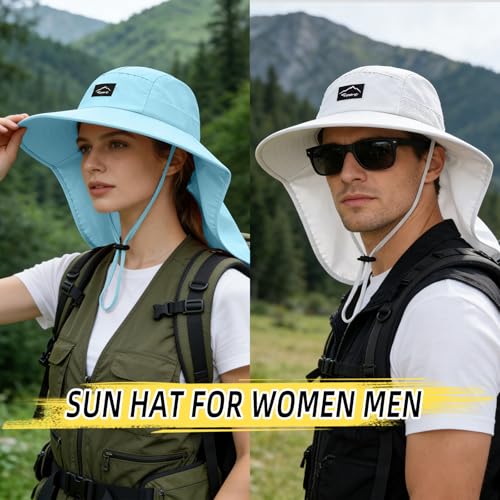 Image of Rosoz Outdoor Sun Hat for Men Women, UPF50+ Protection Safari Cap Wide Brim Mesh Fishing Hat with Neck Flap Beach Garden