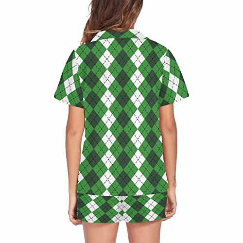 Interestprint Women Pajama Set, St. Patricks Day Argyle Plaid Button Down Shirt Loose Comfortable V Neck Night-Gown V Neck Loungewear Pajama Loungewear S #TOP1