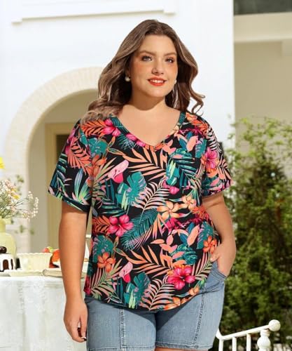 Image of TIYOMI Plus Size Tops for Women V Neck Tshirts Basic Tunic Casual Hawaii Floral Tie Dye Camo Summer Short Sleeve Tee XL-5XL
