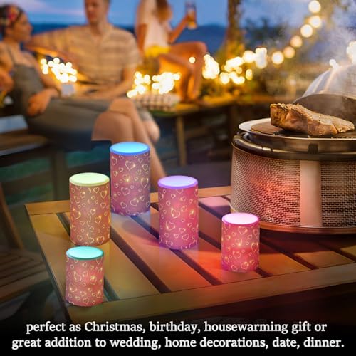 Image of Valentines Lights Flameless Candles Valentines Glden Red Hearts Pillar Candles Set of 2 Battery Operated Remote Control Warm Lights Home Decor