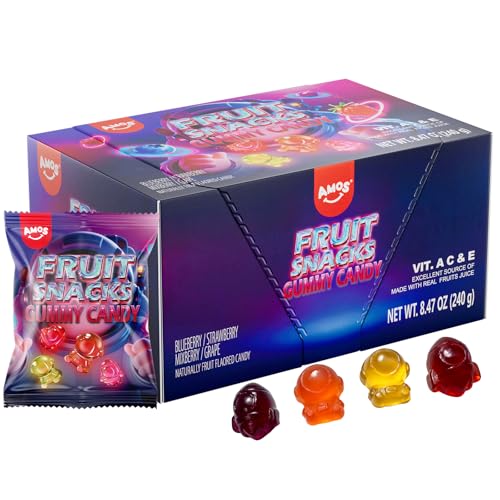 Image of Amos Fruit Snacks Gummy Candy, Astronaut Space Gummies, Made with Fruit Puree, Mixed Berry Flavor Fortified with Vitamin C, Soft Chewy On The Go Lunchbox Snacks, 8.47 oz (240g)