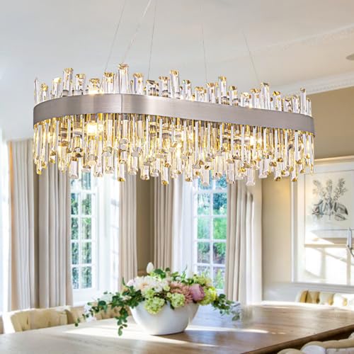 Siljoy Rectangular Crystal Chandelier for Dining Room, 16 Lights Modern Chrome 2-Tiers K9 Crystal...