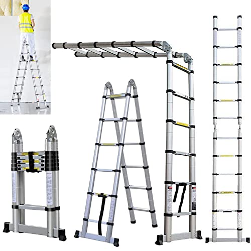 Escalera plegable de 3,8 m / 1,9 + 1,9 m de aluminio, telescópica, ligera, portátil,...