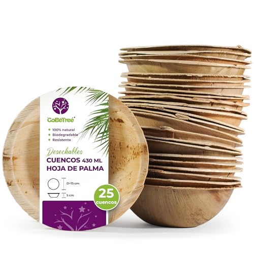 GoBeTree 25 cuencos redondos de hoja de palma, ecológicos, rústicos y elegantes para barbacoas, picnics y fiestas de cumpleaños. Similar a los cuencos de bambú
