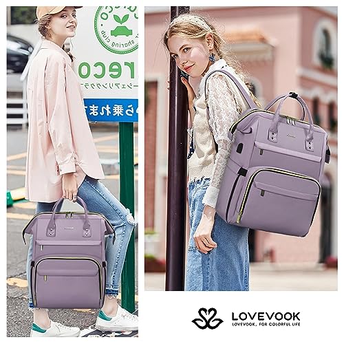 Image of LOVEVOOK Laptop Backpack for Women,15.6 Inch Professional Womens Travel Backpack Purse Computer Laptop Bag Nurse Teacher Backpack,Waterproof Work Bags Carry on Back Pack with USB Port,Light Purple