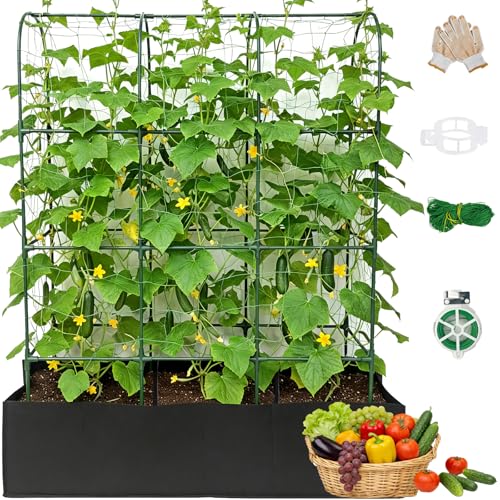 152cm High Cucumber Trellis with 130cm Grow Bag Metal Arch Garden Trellis for Climbing Plants & Vegetables Heavy Duty Plant Support for Tomatoes Peas Grapes Space-Saving Vertical Gardening Kit