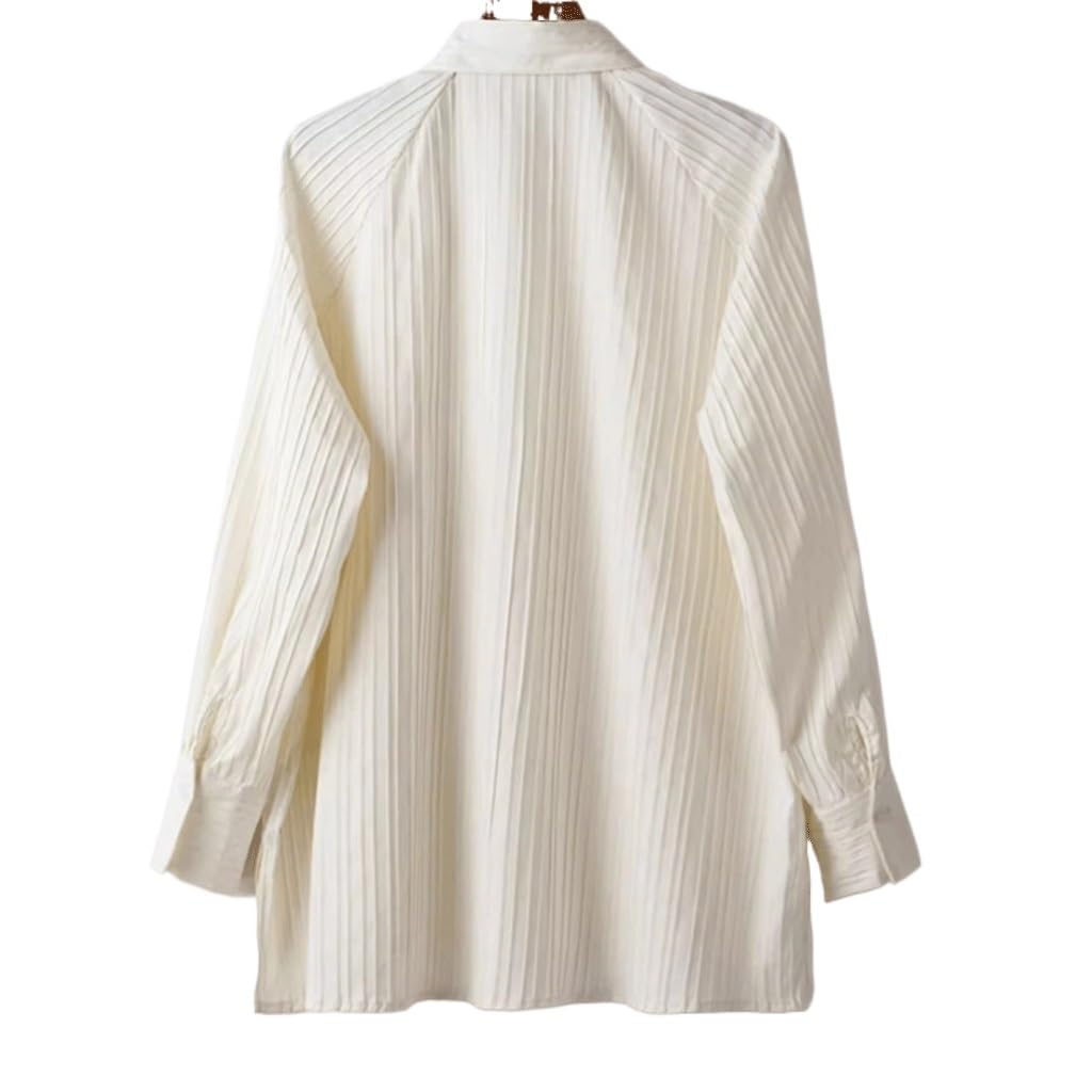 Camisa de Rayas Verticales con Textura Francesa Camisa Plisada prensada con Solapa Holgada de otoño for Mujer(3-Pack,L)