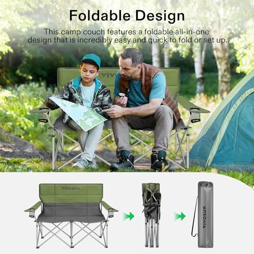 Image of [outlets]VIVOSUN Double Camping Chair, Fully Padded Folding Loveseat, Portable Oversized Duo Chair with Storage Cup Holders, Height-adjustable Armrests & Carry Bag, Supports up to 500lbs, Green & Grey