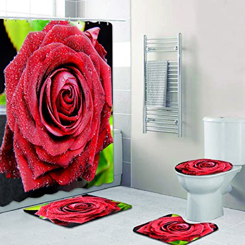 Duschvorhang Rote Rose Badezimmerteppich 4-Teiliges Set, Duschvorhang 180x180 Polyester+Badematte rutschfeste(50x80)+U…