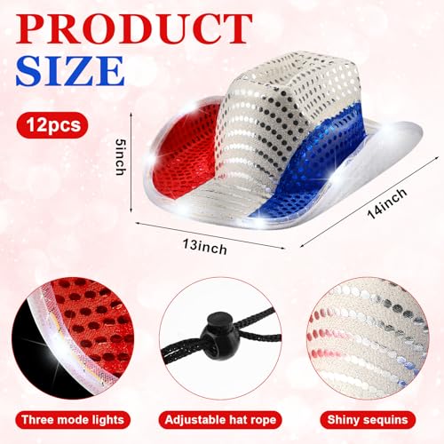 Image of Wesiti Light Up Red White and Blue Patriotic Cowboy Hats, LED American Sequin Cowgirl Hat, 4th Of July Sparkly Cowboy Hats for Women and Men Western Independence Day Party Supplies(12 Pcs)