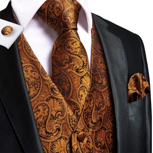Men's Silk Vest Set with Tie Cufflinks Pocket Square Waistcoat for Wedding Formal Business Party4