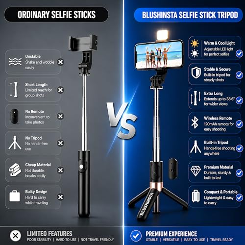 Image of Selfie Stick Tripod with Light, Tripod Stand for Phone with Light, 3 in 1 Design Selfie Stand, Rechargeable LED Light with Two Brightness Levels with Bluetooth Remote