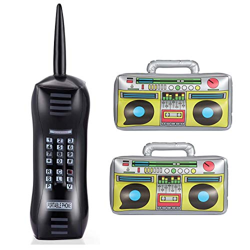 MAIAGO Inflatable Rock Star Toy Set - 1 Inflatable BoomBox (16.5INCH), 2 Inflatable Mobile Phone(26INCH),80s 90s Themed Party Decorations for Childrens Birthday Rappers Hip Hop Party