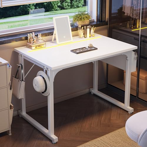 Image of DurayLoly 32 inch Computer Desk with Waterproof LED Lights,Bedroom Study Desk for Teens, Dorm Room Essentials,Headphone Hook&Storage Bag for Small Spaces,Sturdy Metal Frame,White