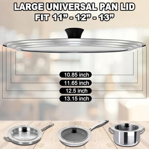 13 Inch Large Universal Pan Lid, Stainless Steel Pots Lid Fit 11, 12,13 Inch Pots and Pans, Heat Resistant Stainless Steel and Tempered Glass Lid, 13 In Frying Pans Lid - Thumbnail 3