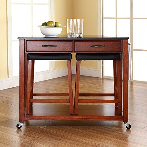 Crosley Furniture Portable Kitchen Cart With Solid Black Granite Top And 24-Inch Upholstered Saddle Stools - Classic Cherry #TOP4