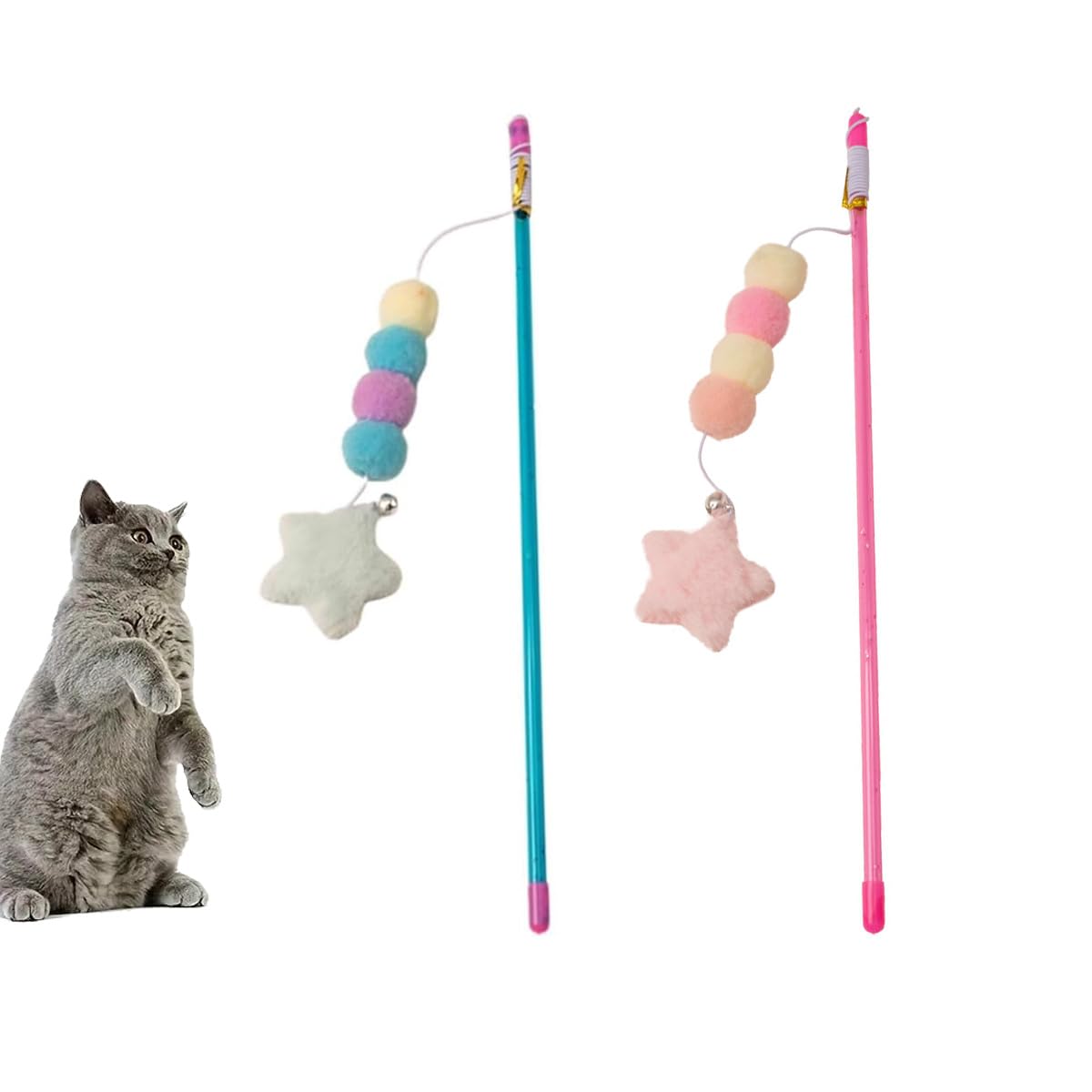 Cat Wand Toys,Interactive Play Stick with Elastic Rope Plush Pendant Toy for Small Kitten Cats Exercise,Set of 2