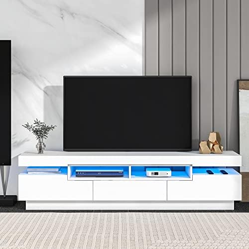 VZADGWA LED TV Stand with Drawer & 4 Open Shelves, Modern High Gloss Gaming Entertainment Center for 65/75 Inch TV, Universal TV Console Cabinet with 16-Color LED Color Changing Lights, White