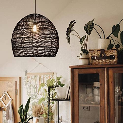 Arturesthome Kitchen Island Light, Rattan Woven Pendant Fixture Shades, Handmade Hanging Lamp Crafts Lampshade (35Cmx35Cm, Black) #TOP3