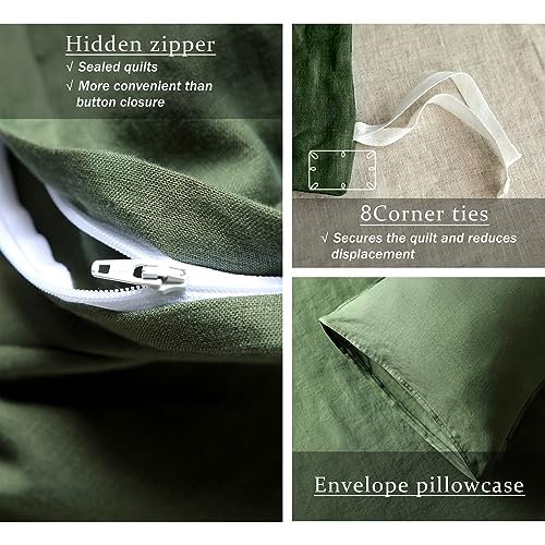 Image of XZ XIFA 100% Washed French Flax Linen Duvet Cover Set - 3 Pieces, Cooling & Textured Farmhouse Bedding for Hot Sleepers, with Zipper Closure (Green, Full)