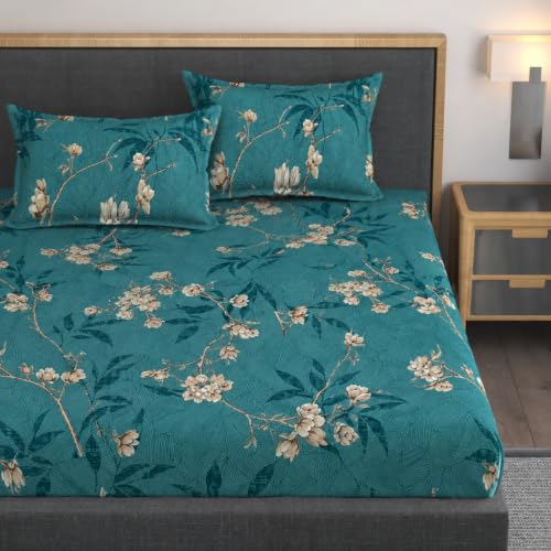 Image of Premium Heavy Cotton Elastic Fitted Bedsheets with 2 King Size Pillow Covers || Double Bed with All Around Elastic 350 TC || 72 x 78 x 10 Inch King Size Fitted || - Green Flower