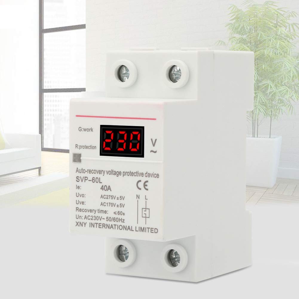 Dispositivo di Protezione da Sovratensione e Sottotensione 230V 40A con Protezione da Sovratensione Domestica di Ripristino Automatico e Protezione da Sottotensione Montaggio su