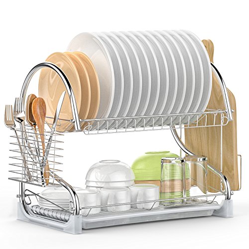Dish Drying Rack, iSPECLE 2 Tier Dish Rack with Utensil Holder, Cutting Board