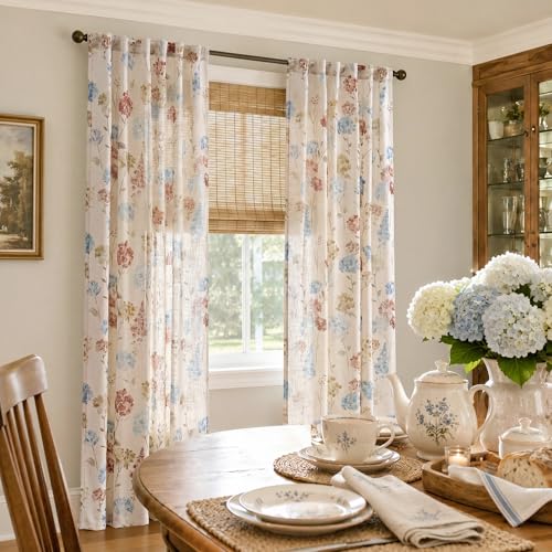 Image of jinchan Floral Linen Curtains 96 Inch Vintage Cottagecore Back Tab 2 Panels