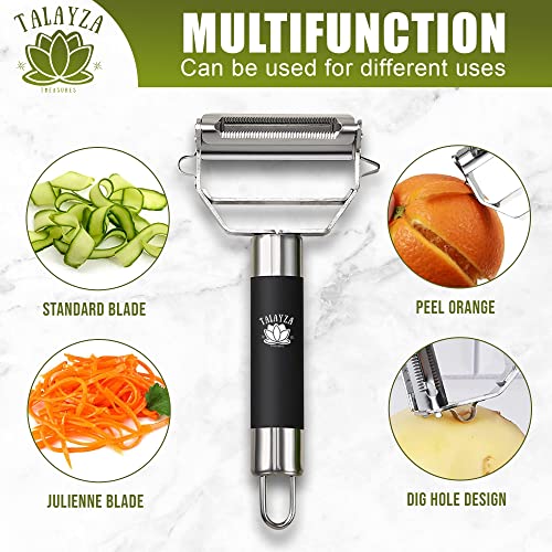 Talayza Treasures Dual Julienne Peeler - Handheld Stainless Steel Vegetable Peeling, Fruits, Carrots, Potatoes - Food Prep & Kitchen Slicer Tool With Non Slip Handle - Includes Basting Brush #TOP3