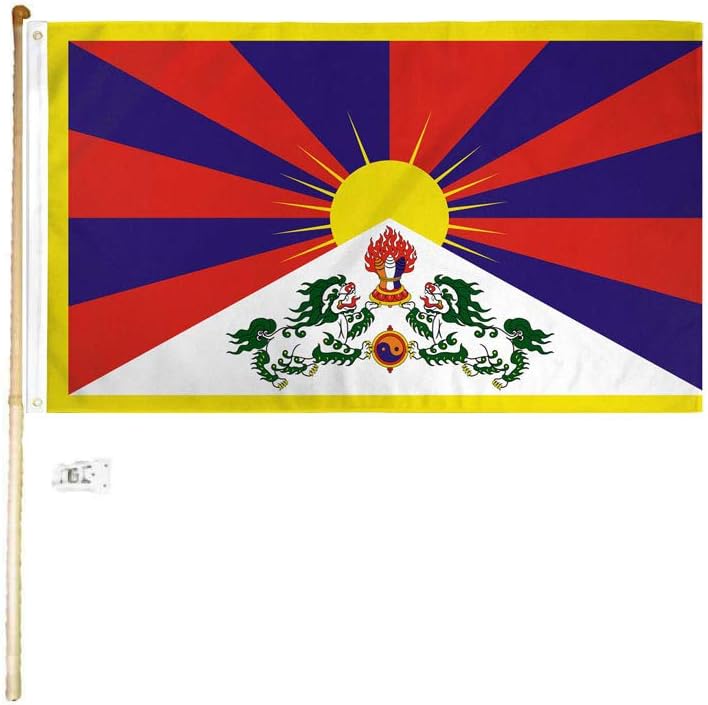 3x5 3'x5' Tibet Polyester Flag With 5' (Foot) Flag Pole Kit With Wall Mount Bracket & Screws (Imported)