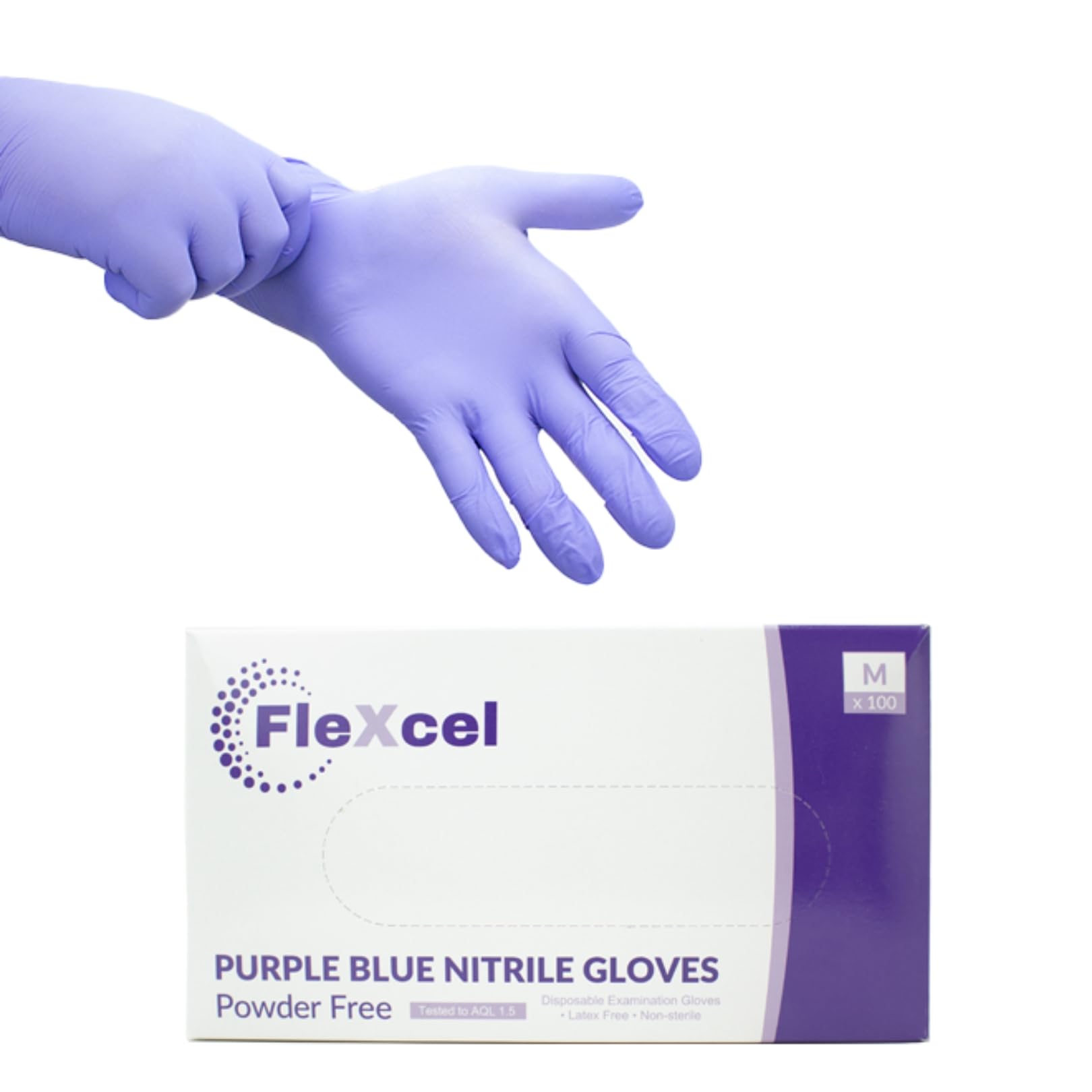 FleXcel Purple Nitrile Gloves (Box of 100) Size Large - Multipurpose Powder Free, Latex Free, Medical Grade, Food Safe Examination Gloves - AQL 1.5 PPE Regulation 2016/425 Category III Certified