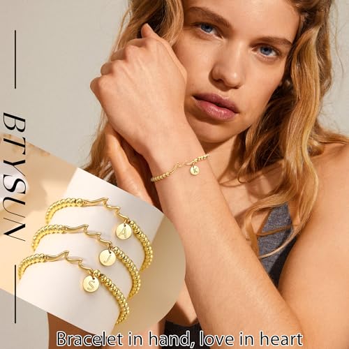 Gold Beaded Bracelets for Women, Initial Bracelets for Women Christmas Gifts for Her Stocking Stuffers for Teens Teen Girl Gifts Trendy Stuff Adjustable Non Tarnish Gold Bracelet with Letter Charm A-Z Birthday Christmas Jewelry for Mom Daughter Grandma Friend