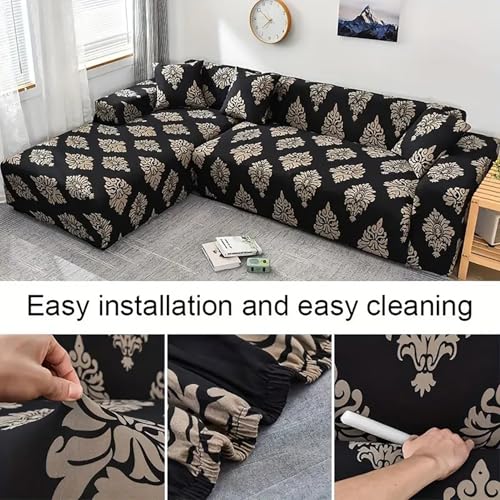 Image of House of Quirk House Of Quir Universal Sectional 140 Gsm Sofa Covers L-Shape Slipcover 2Pcs Elastic L-Type Chaise Sofa Furniture Protector(Cambric Black)