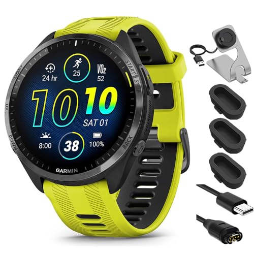 Garmin 010-02809-02 Forerunner 965 Running Smartwatch Amp Yellow and Black Bundle with Deco Essentials Charging Dock, Silicone Dust Cover 3 Pack and USB Type C Charging and Sync Cable