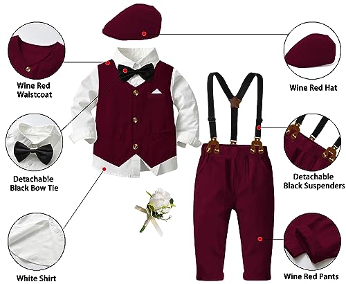 Image of SANGTREE Boys Kids Little Boy Formal Suits Clothes Set, Shirt with Bow Tie Beret Hat Suspender Pants Sets, 3 Months - 9 Years
