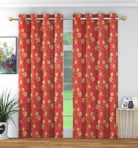 Image of Heavy Polyester Floral Printed Window Light Filtering Curtains for Living Room Bedroom Hall Room, 5 feet Window, Red, Set of 2