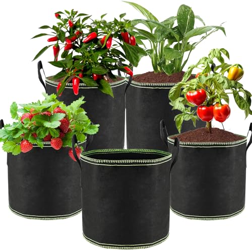Zikenis 5 pièces Sac à Plantes - 22L,Sacs De Culture en Tissu avec Poignées,réutilisable,Sac de Plantation Geotextile pour Fleurs,Pommes de...