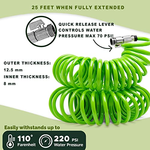 Morvat 25 Ft Coil Garden Hose With On/Off Valve, Expandable Spiral Spring Water Hose With Nickel Plated Brass Fittings, For Boats Yard & Rv, Includes 10 Way Spray Nozzle, Teflon Tape & 2 Extra Washers #TOP3