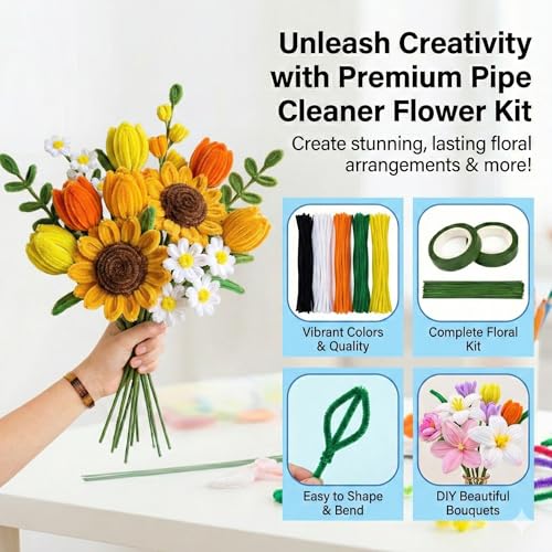 Image of Asian Hobby Crafts 160+ Pcs Pipe Cleaners for Craft Flower Making Set - Fuzzy Chenille Stems & Fluffy Sticks With Floral Tape & Wire for Kids Arts & Craft, School Supplies, Home & Party Decor
