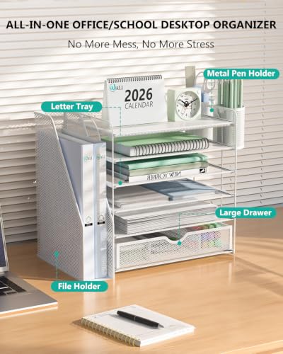 Image of WALI Desk File Organizer, 6 Tier Desktop Paper Letter Tray Organizer with Drawer and 2 Pen Holders, Office Desk Accessories & Workspace Organizers for Office, Home Supplies(DO007DH-W), 1 Pack, White